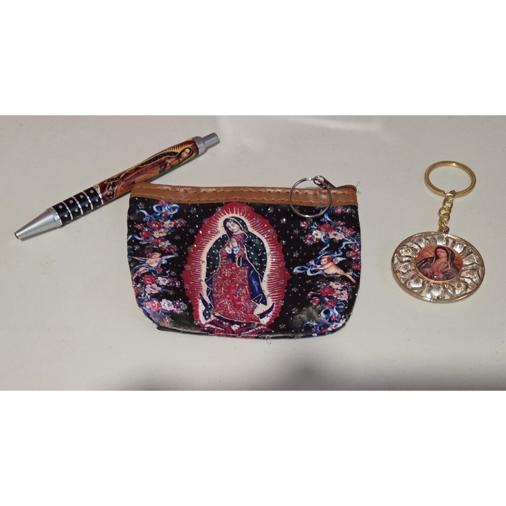 Virgin Mary Religious Black Floral Coin Pouch, sparkly Keychain Ring and a pen.